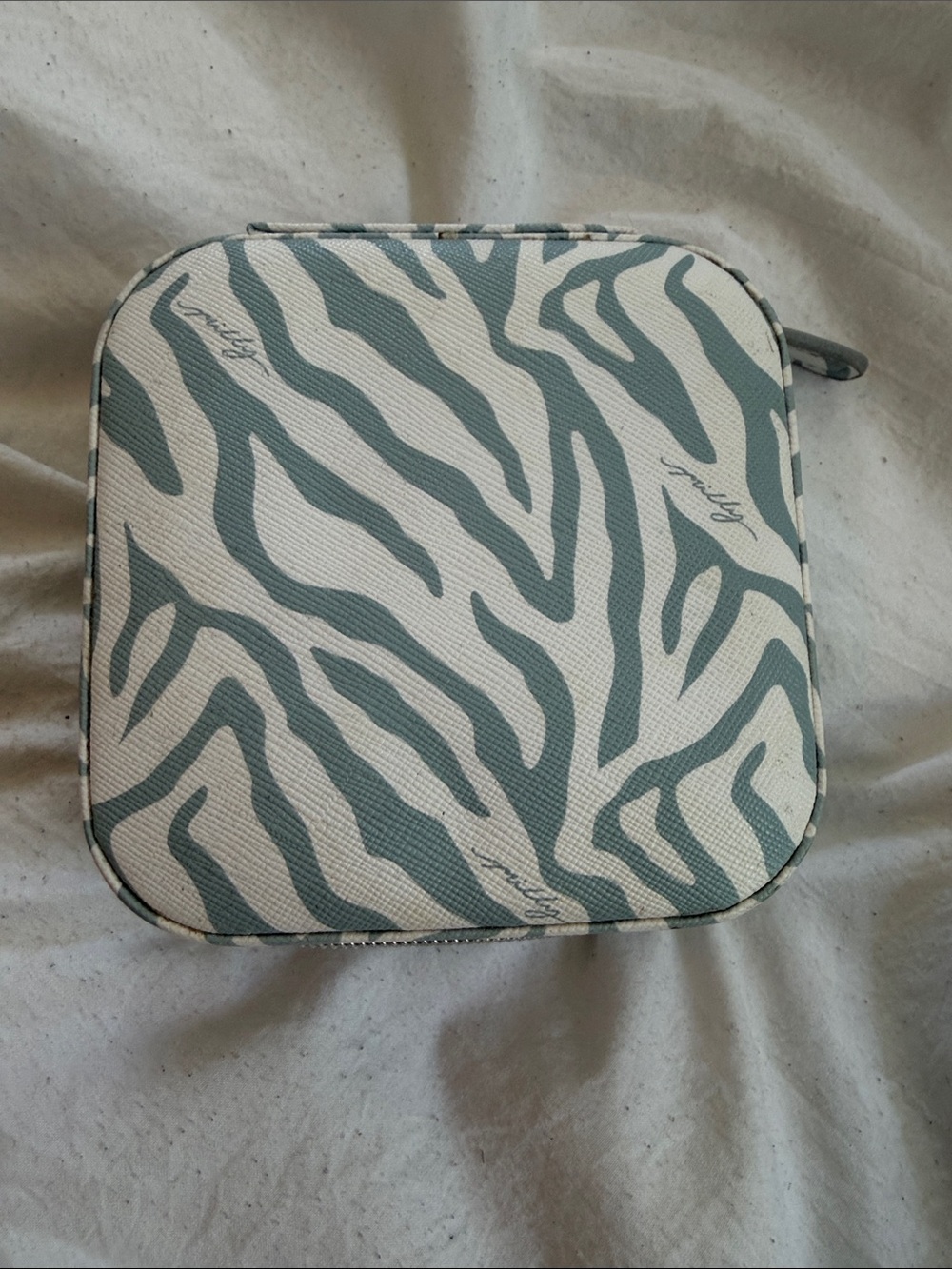 Zebra-Print Cosmetic Case in Sage Green and White